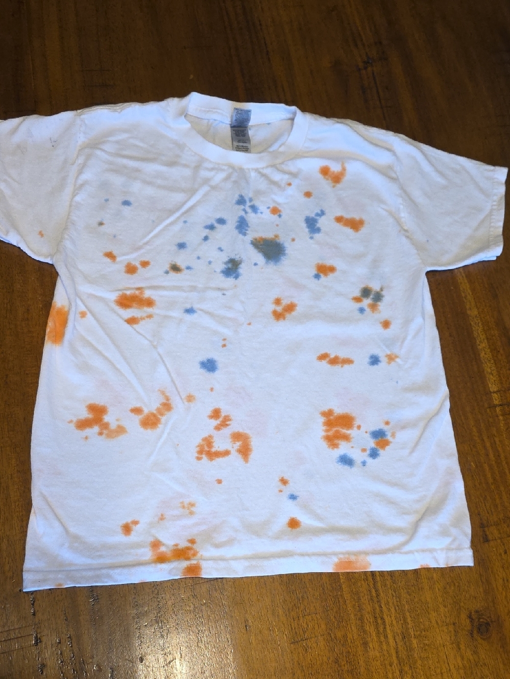 Gildan White Kids Tie-Dye Tee with Orange & Blue Splatter